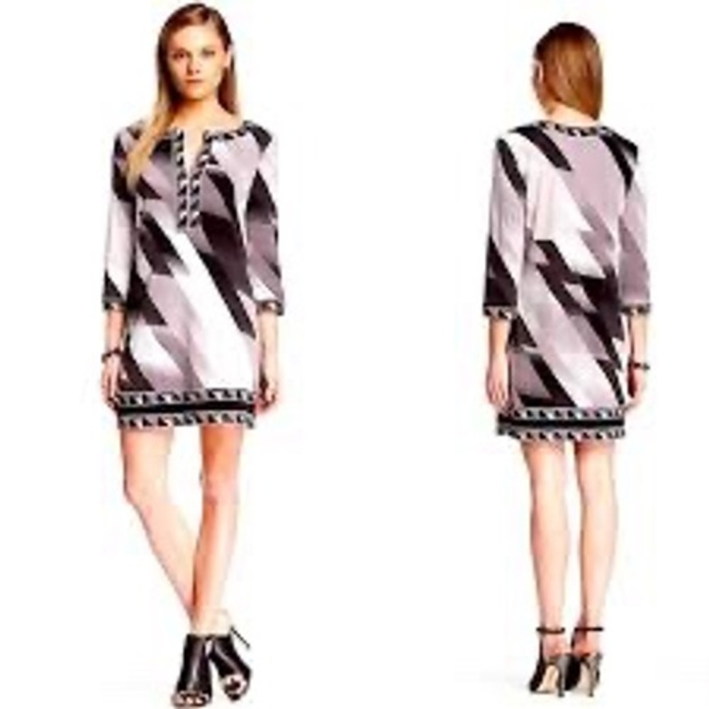BCBGMAXAZRIA‎ Tunic Dress Women XXS Grey Black Excellent Geometric 3/4 Sleeve